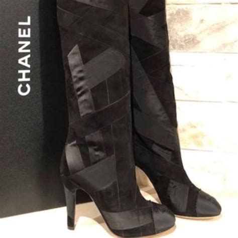 chanel over the knee boots 2019|Chanel black canvas heel boots.